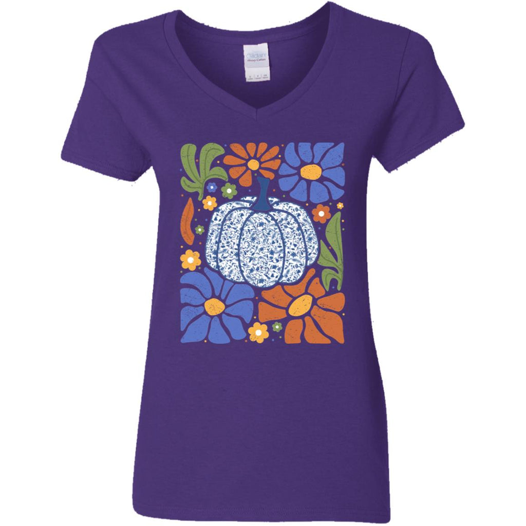 V-Neck Blue Pumpkin Flowers T-Shirt