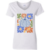 V-Neck Blue Pumpkin Flowers T-Shirt